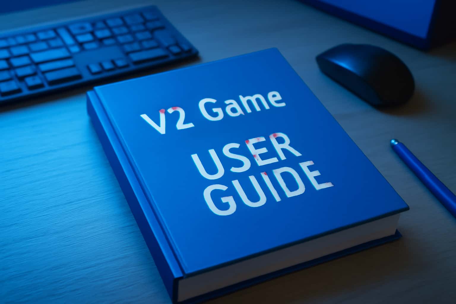 An informative scene depicting the V2 Game User Guide with futuristic elements.